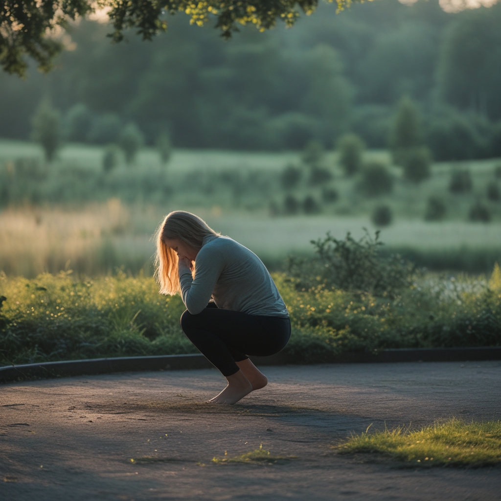 Sylwetka osoby stojącej na jednej nodze w pozie równoważnej na spokojnym tle parkowym z miękkimi odcieniami zieleni i ciepłego światła popołudniowego