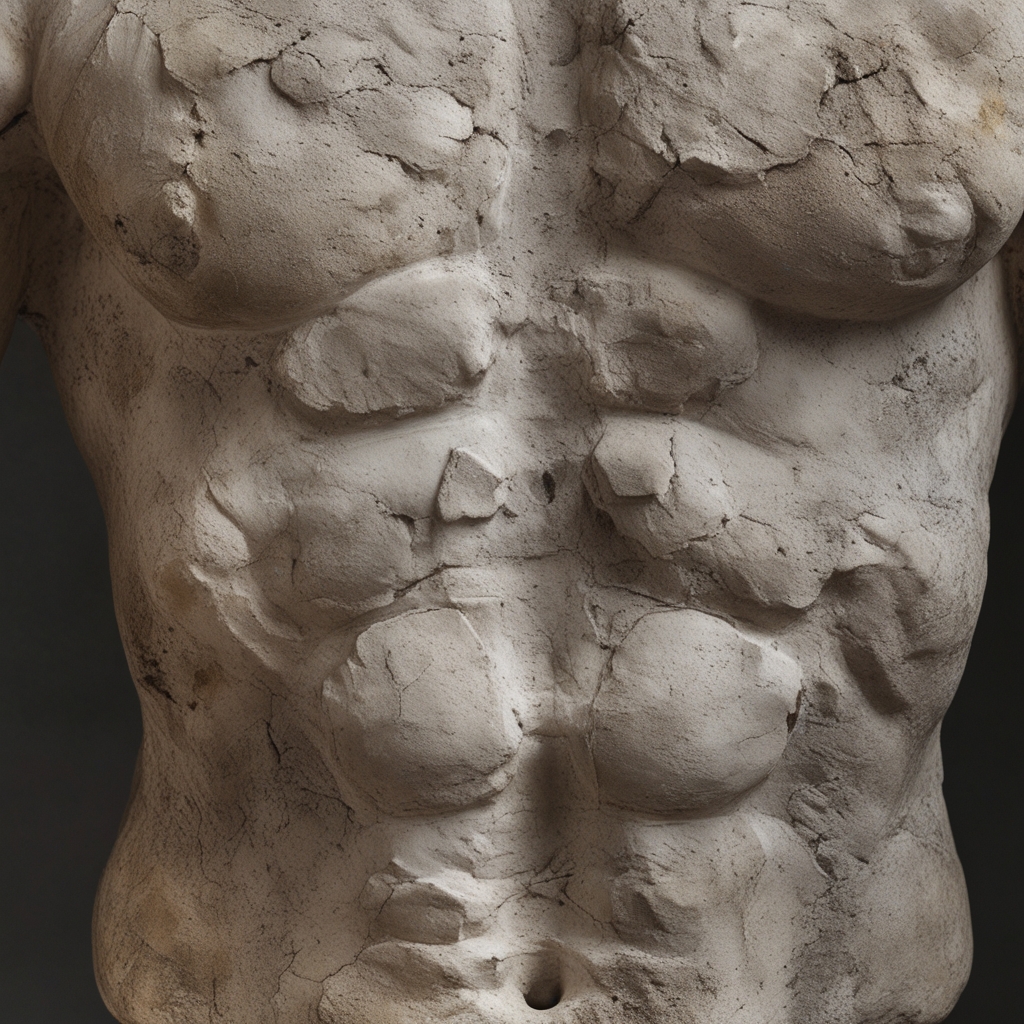 Klasyczna marmurowa rzeźba fragmentu torsu ludzkiego ciała w miękkim bocznym oświetleniu na ciemnym tle podkreślającym teksturę kamienia i anatomiczne proporcje