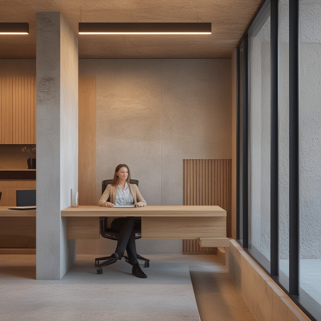 Widok sylwetki osoby siedzącej przy biurku w pozycji neutralnej z wyprostowanym kręgosłupem i stopami opartymi płasko na podłodze w przestronnym jasnym biurze z drewnianymi elementami